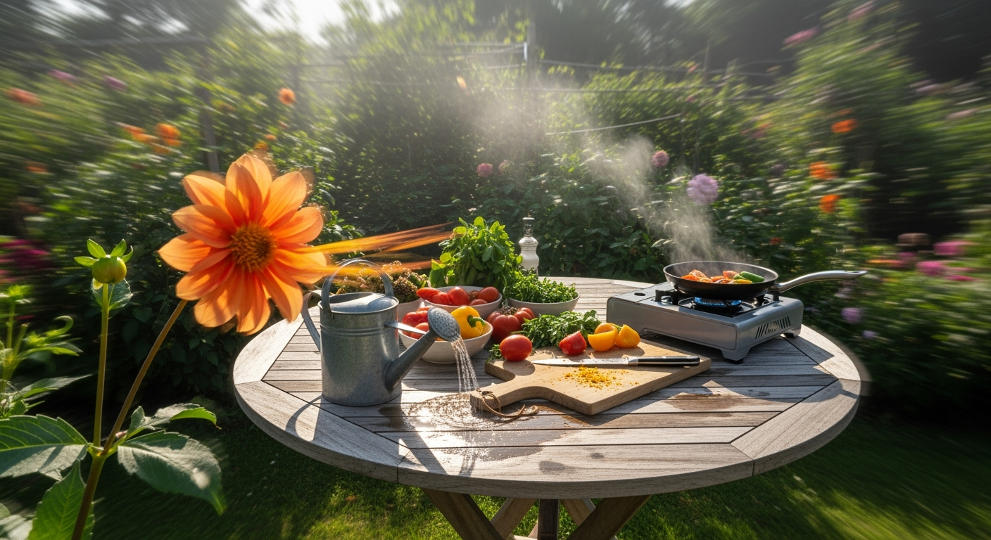 Utiliser une table ronde de jardin pour cuisiner en extérieur
